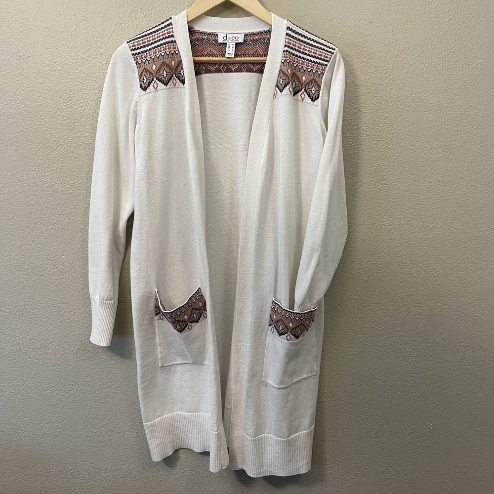 D & Co Aztec Southwestern Long Line Knit Cardigan Ivory Brown Pockets Open Sz M